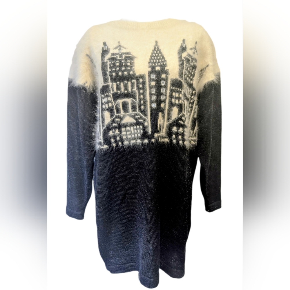Vintage 1980s Angora Blend Cityscape Sweater dress with Rhinestones -L- EUC